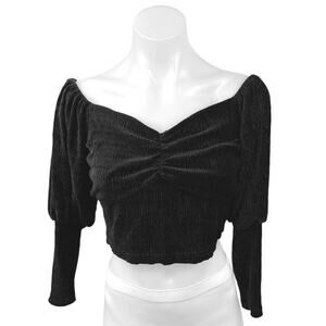 Zara Black Velour Velvet Off The Shoulder Cinched Balloon Sleeve Crop Top Sz XS